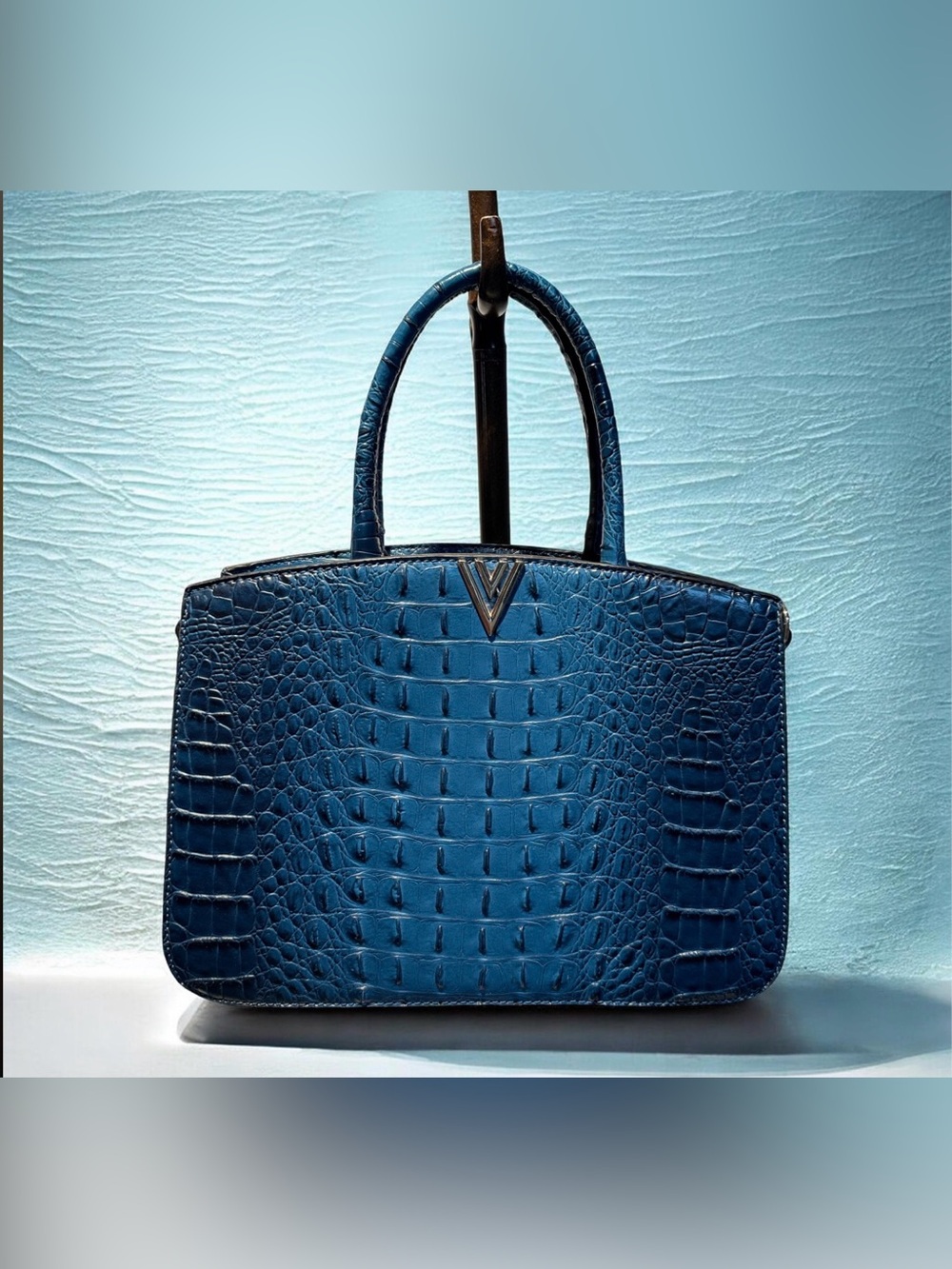 Structured Croc-Embossed Blue Top-Handle Bag